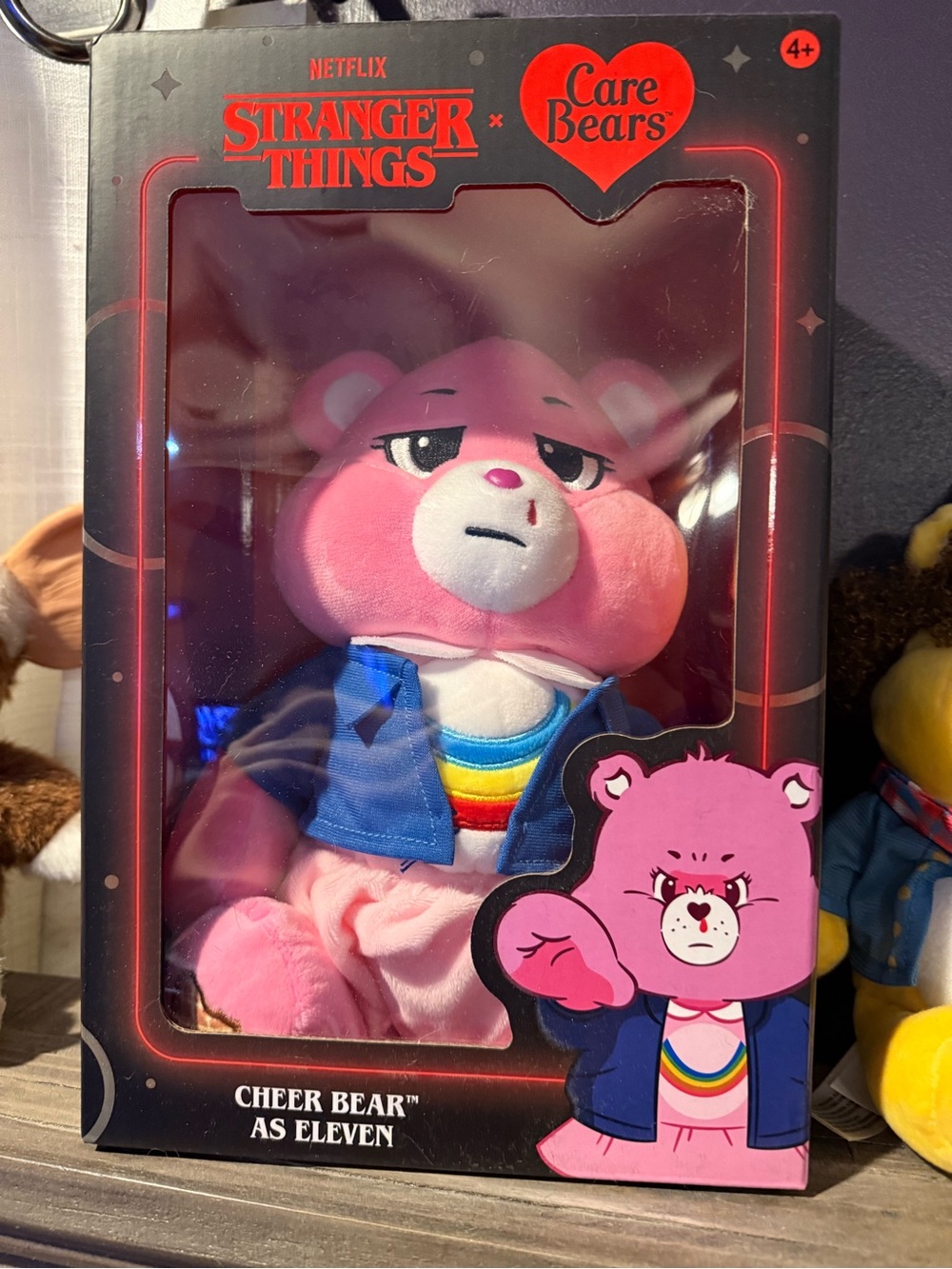 Care Bears Cheer Bear Plush in Pink with Blue Jacket and Rainbow Shirt